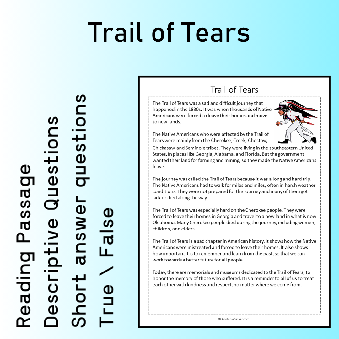 Trail of Tears | Reading Comprehension Passage Printable Worksheet