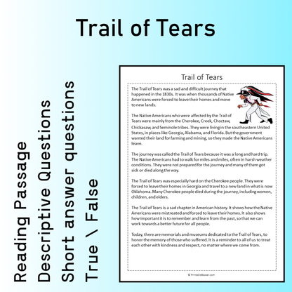 Trail of Tears | Reading Comprehension Passage Printable Worksheet