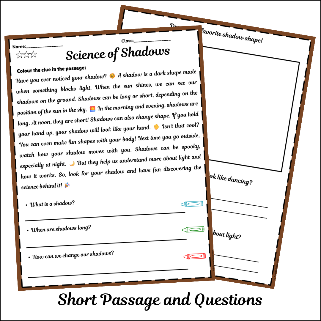 Science of Shadows | Short Reading Comprehension Creative Worksheet