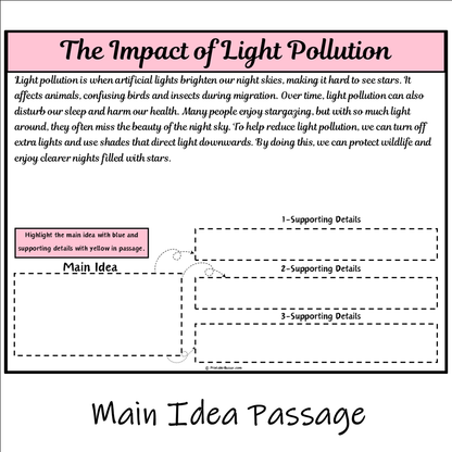 The Impact of Light Pollution | Main Idea and Supporting Details Reading Passage and Questions