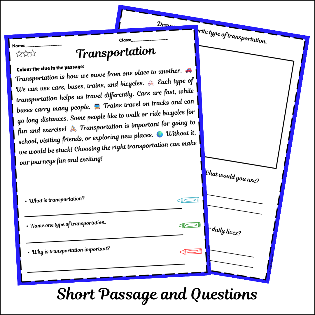 Transportation | Short Reading Comprehension Creative Worksheet