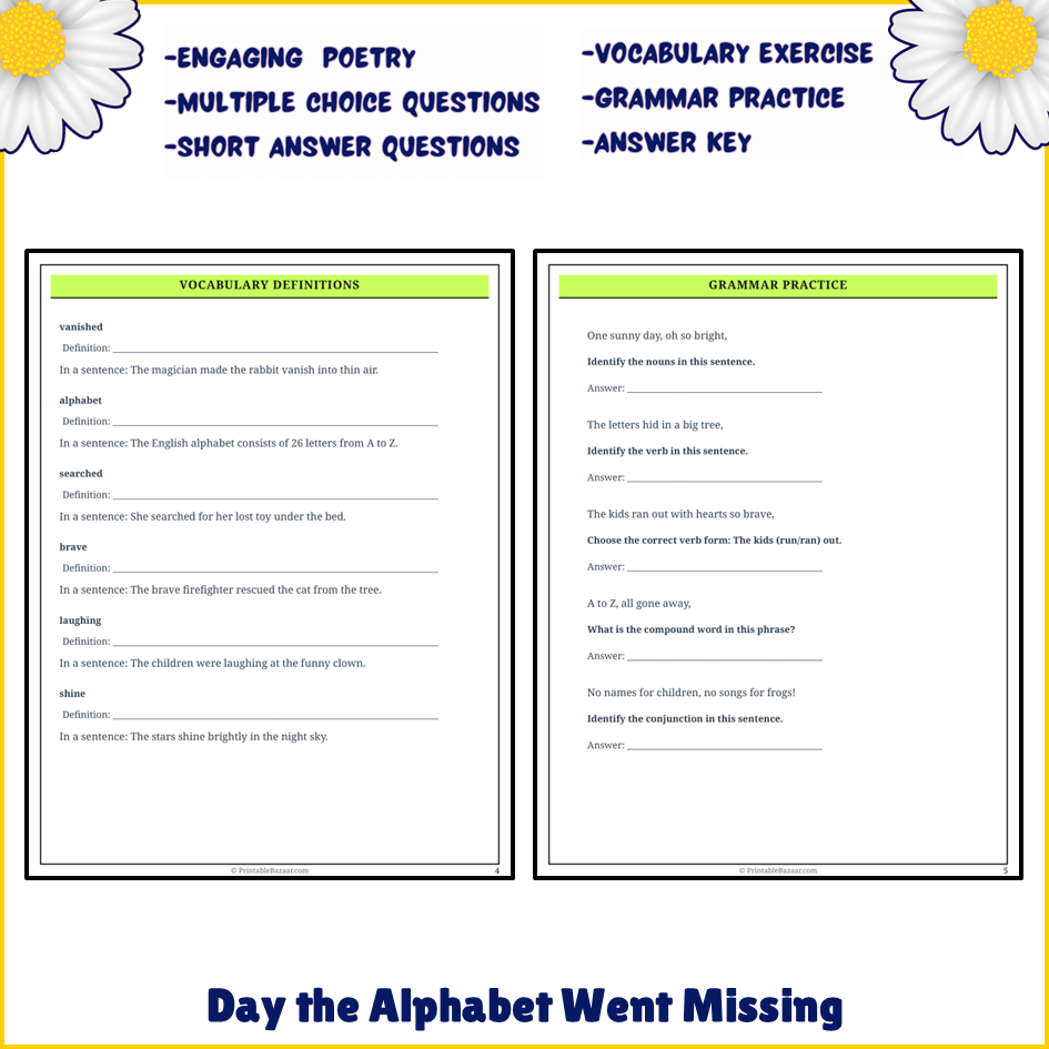 Day the Alphabet Went Missing | Poem Grammar Worksheet Printable Activity