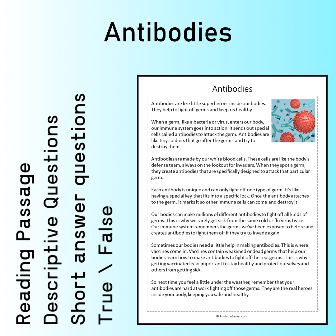 Antibodies | Reading Comprehension Passage Printable Worksheet