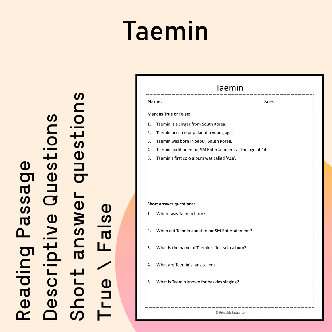 Taemin | Reading Comprehension Passage Printable Activity