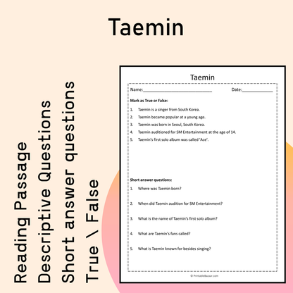 Taemin | Reading Comprehension Passage Printable Activity