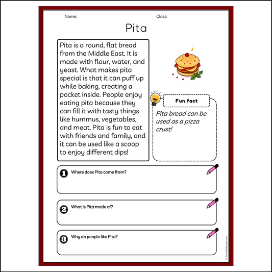 Pita | Reading Passage Comprehension Questions Writing Facts Worksheet