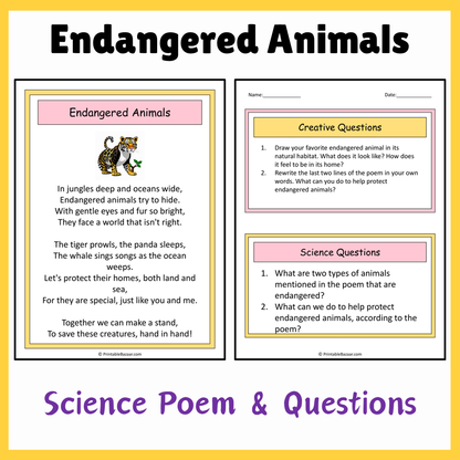 Endangered Animals | Science Poem Reading Comprehension Activity