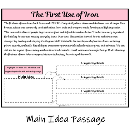 The First Use of Iron | Main Idea and Supporting Details Reading Passage and Questions