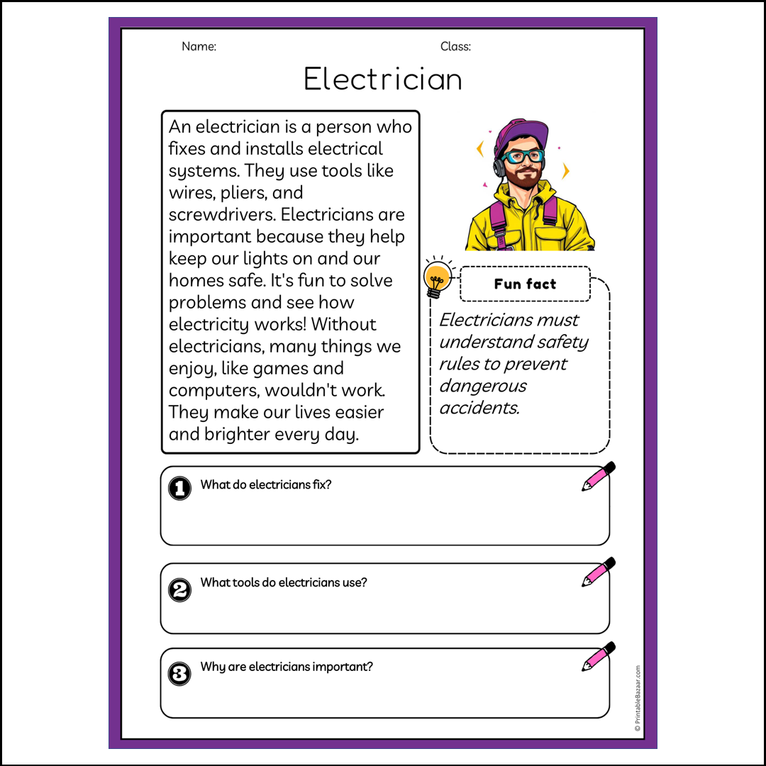 Electrician | Reading Passage Comprehension Questions Writing Facts Worksheet