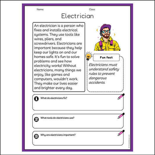 Electrician | Reading Passage Comprehension Questions Writing Facts Worksheet