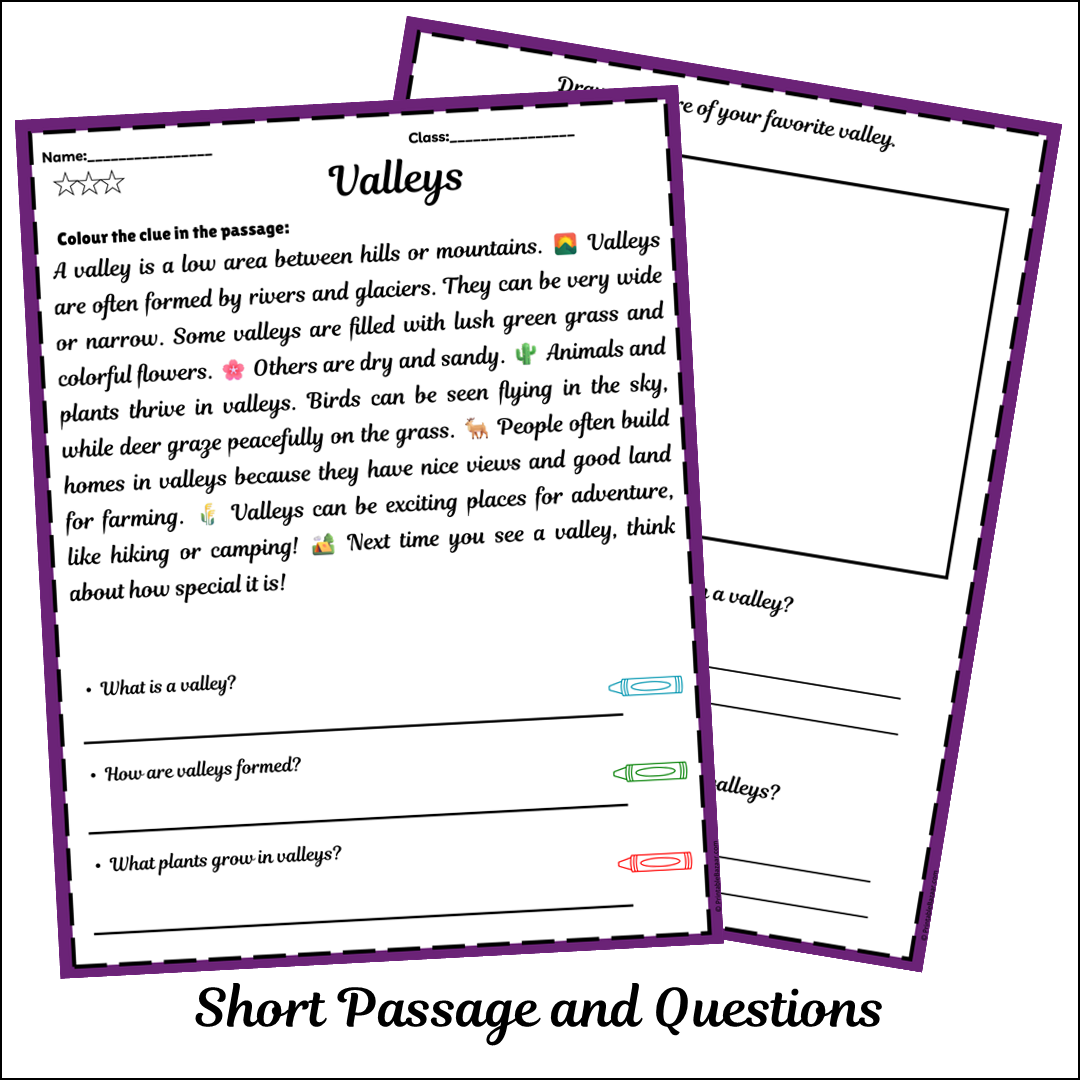 Valleys | Short Reading Comprehension Creative Worksheet