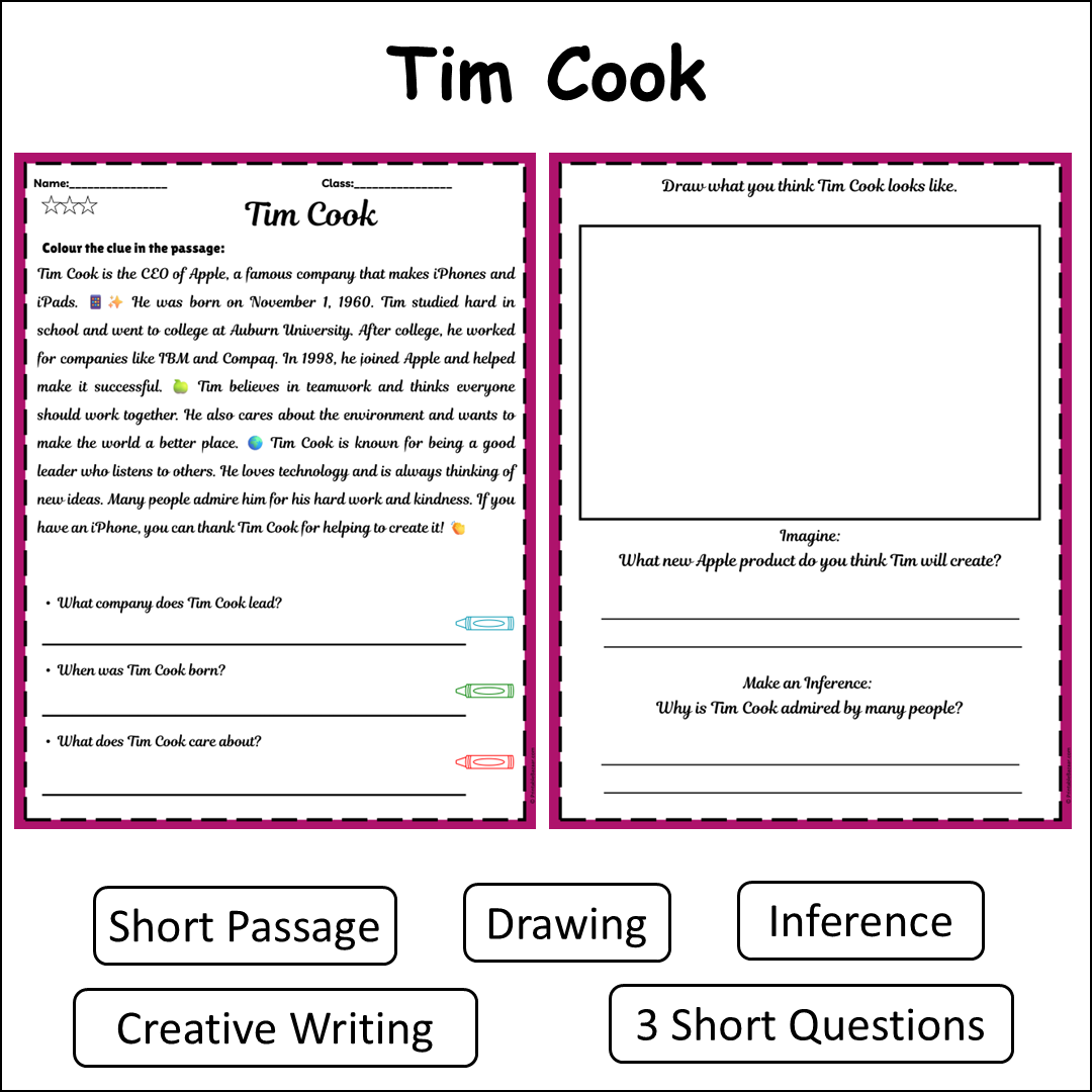 Tim Cook | Short Reading Comprehension Creative Worksheet