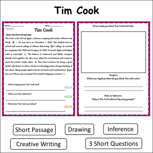 Tim Cook | Short Reading Comprehension Creative Worksheet