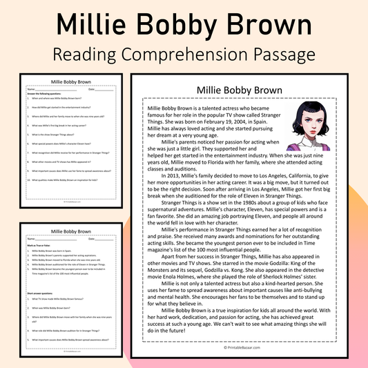 Millie Bobby Brown | Reading Comprehension Passage Printable Activity