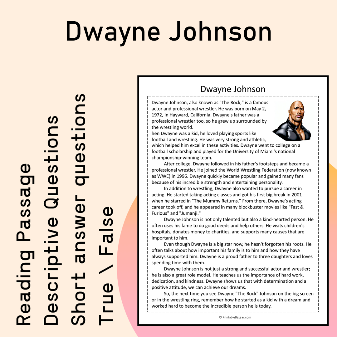 Dwayne Johnson | Reading Comprehension Passage Printable Activity