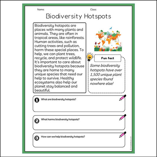 Biodiversity Hotspots | Reading Passage Comprehension Questions Writing Facts Worksheet