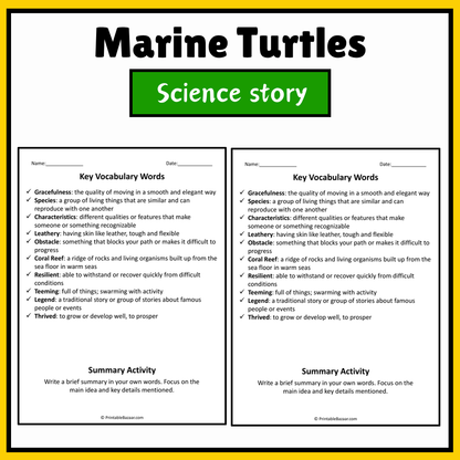 Marine Turtles | Science Story Reading Comprehension Activity