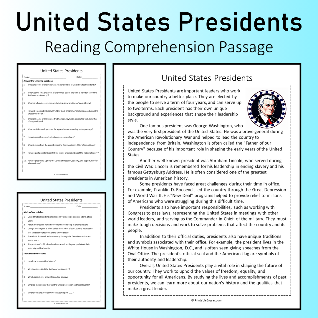 United States Presidents | Reading Comprehension Passage Printable Worksheet