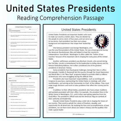 United States Presidents | Reading Comprehension Passage Printable Worksheet