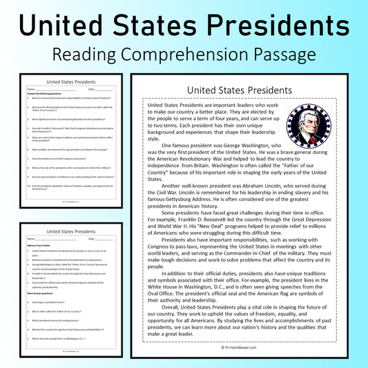 United States Presidents | Reading Comprehension Passage Printable Worksheet