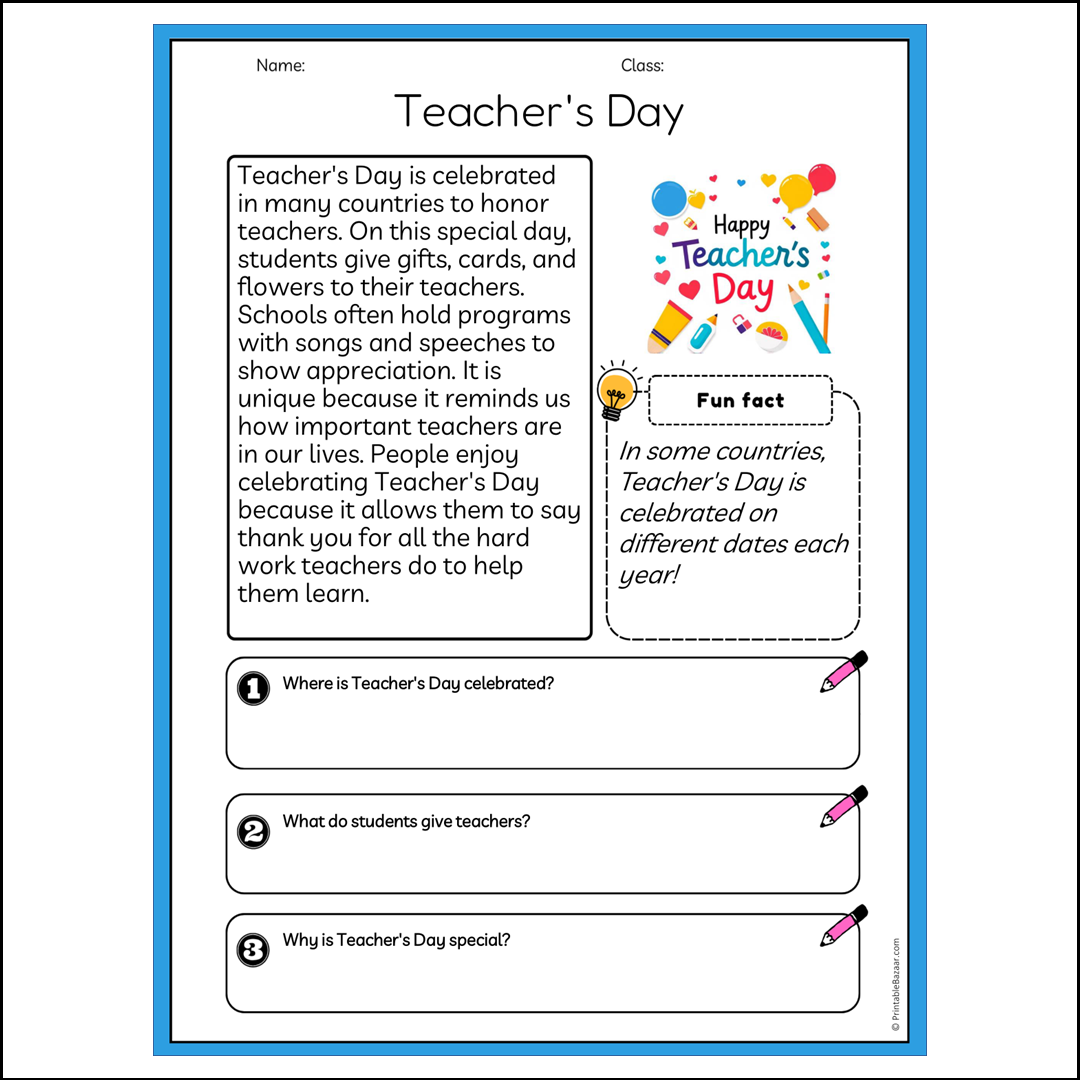 Teacher's Day | Reading Passage Comprehension Questions Writing Facts Worksheet