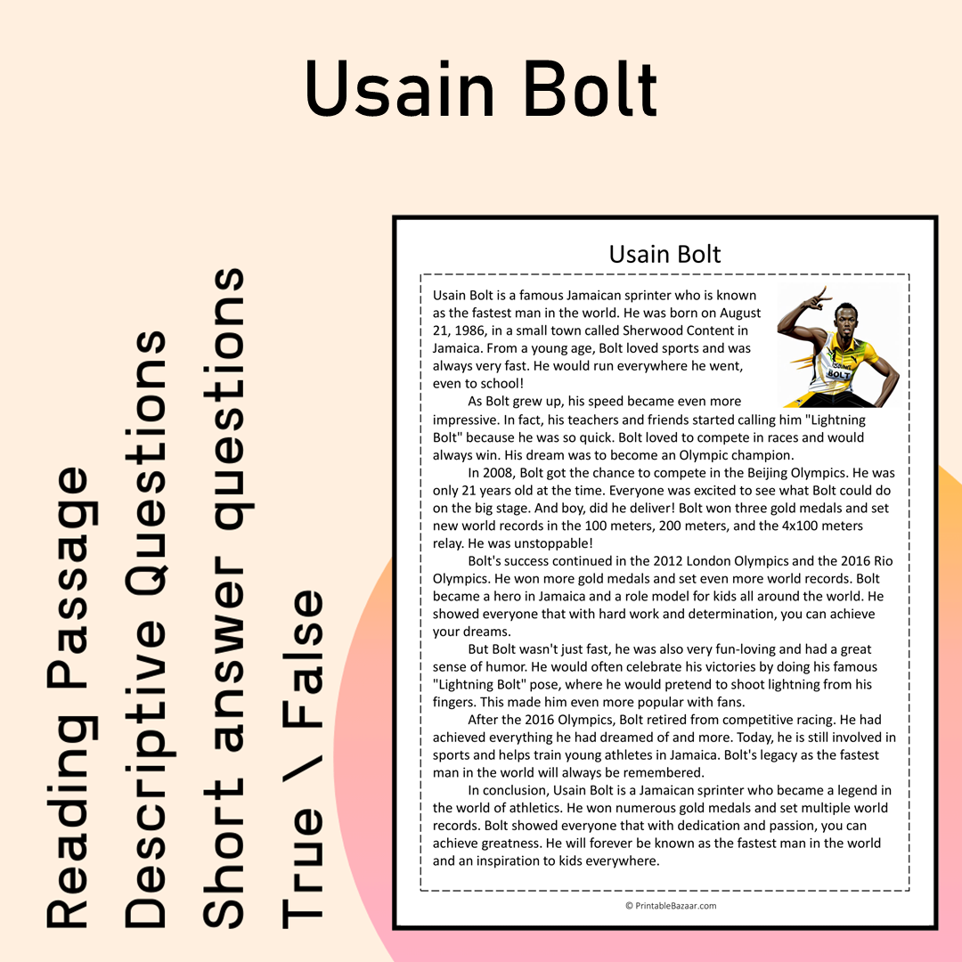 Usain Bolt | Reading Comprehension Passage Printable Activity