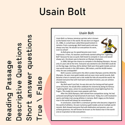 Usain Bolt | Reading Comprehension Passage Printable Activity