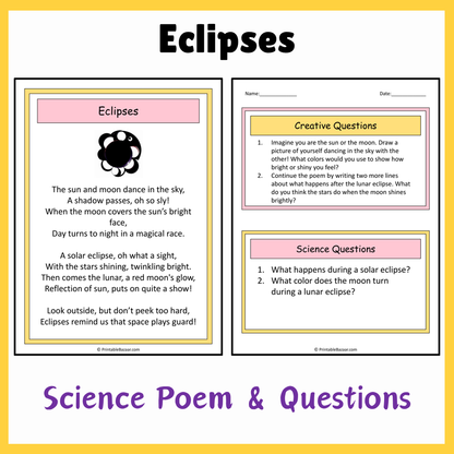 Eclipses | Science Poem Reading Comprehension Activity