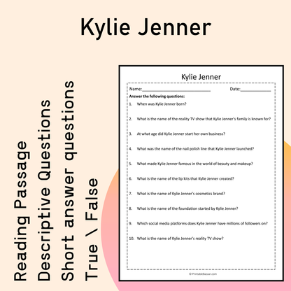 Kylie Jenner | Reading Comprehension Passage Printable Activity