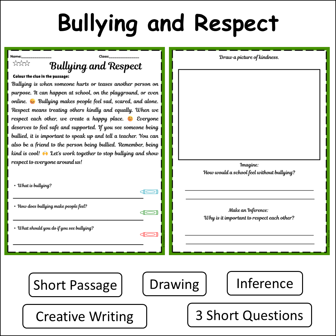 Bullying and Respect | Short Reading Comprehension Creative Worksheet