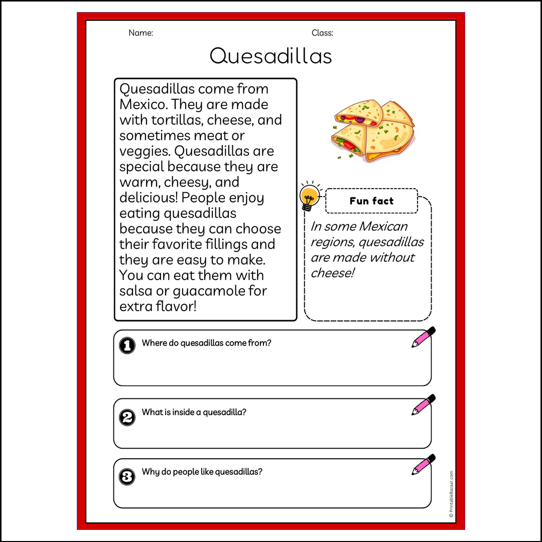 Quesadillas | Reading Passage Comprehension Questions Writing Facts Worksheet