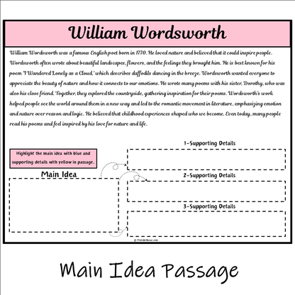 William Wordsworth | Main Idea and Supporting Details Reading Passage and Questions