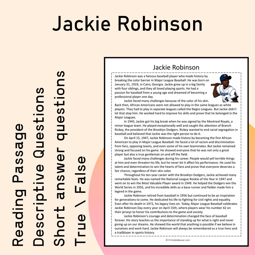 Jackie Robinson | Reading Comprehension Passage Printable Activity