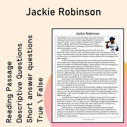 Jackie Robinson | Reading Comprehension Passage Printable Activity