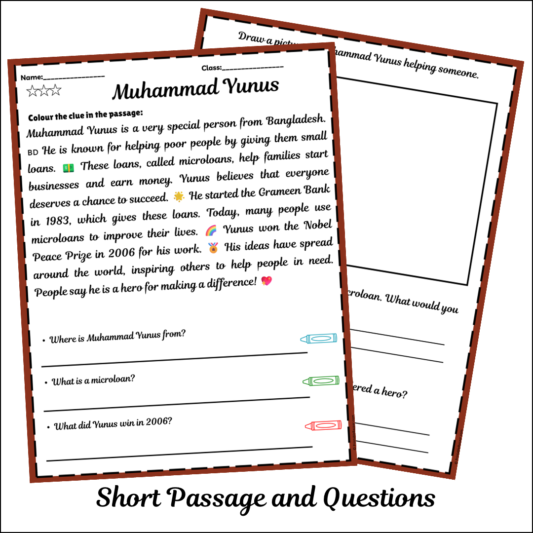 Muhammad Yunus | Short Reading Comprehension Creative Worksheet