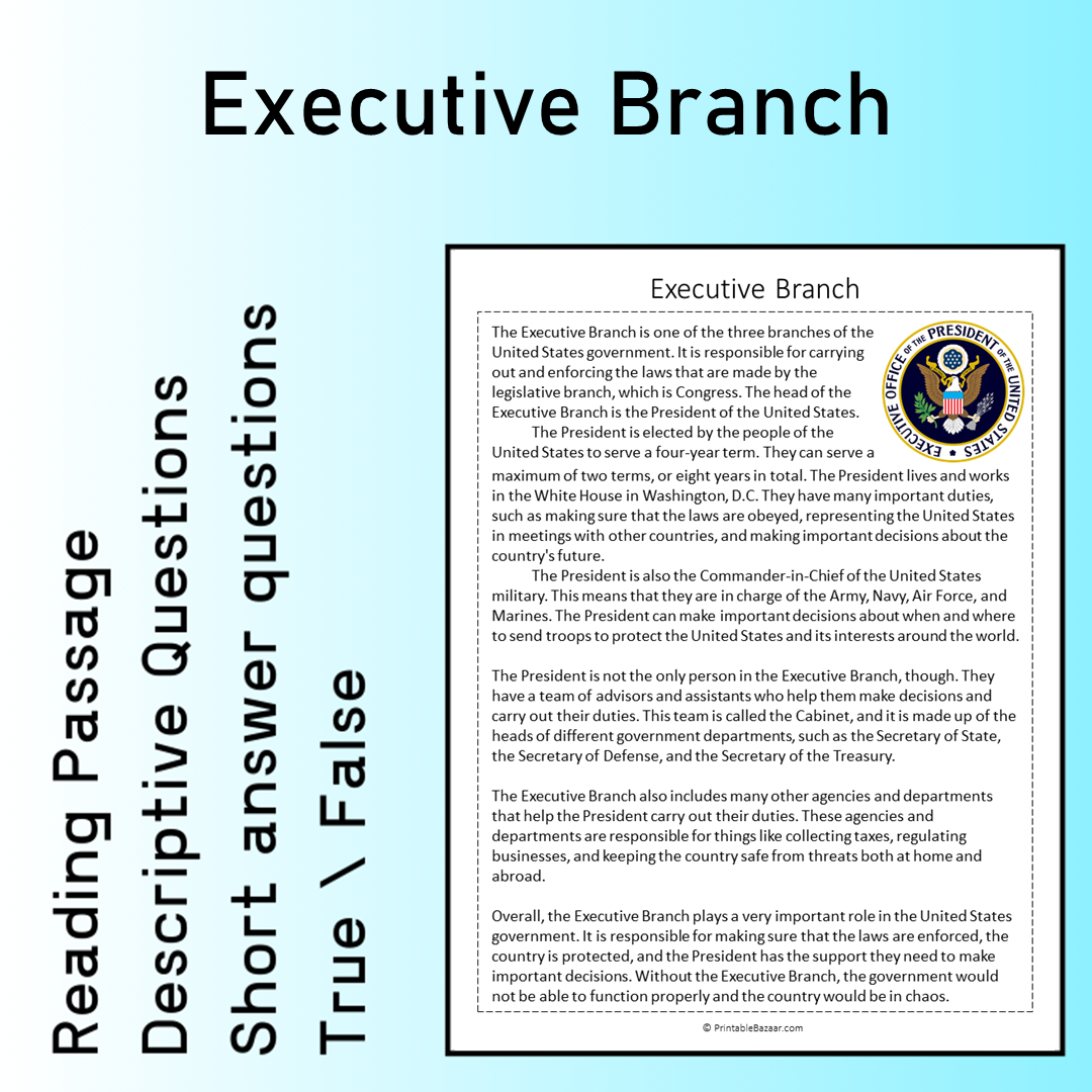 Executive Branch | Reading Comprehension Passage Printable Worksheet