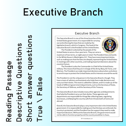 Executive Branch | Reading Comprehension Passage Printable Worksheet
