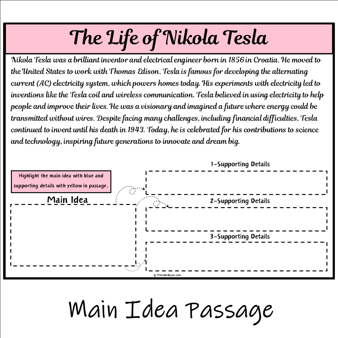 The Life of Nikola Tesla | Main Idea and Supporting Details Reading Passage and Questions