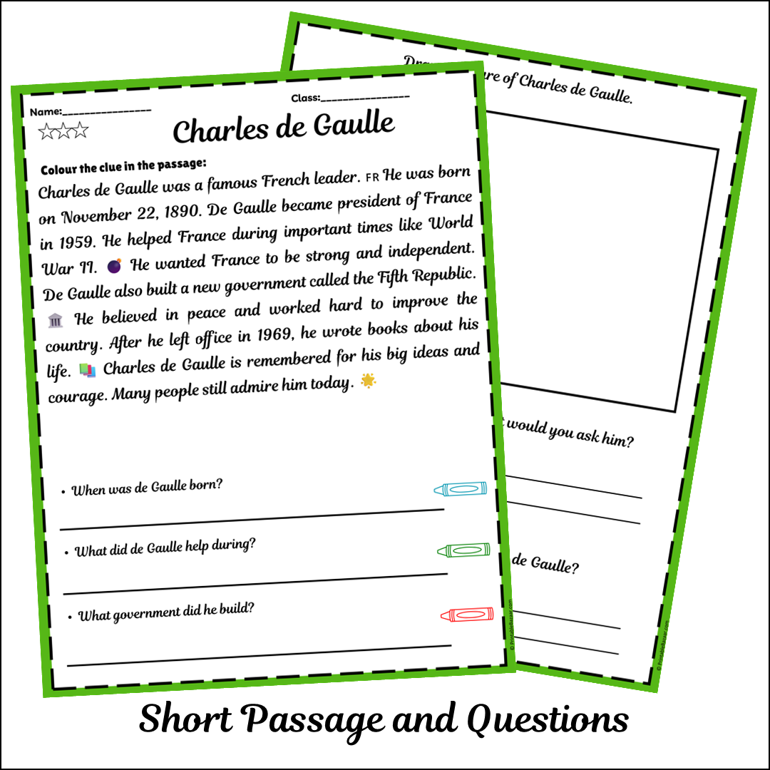 Charles de Gaulle | Short Reading Comprehension Creative Worksheet