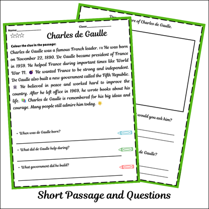Charles de Gaulle | Short Reading Comprehension Creative Worksheet