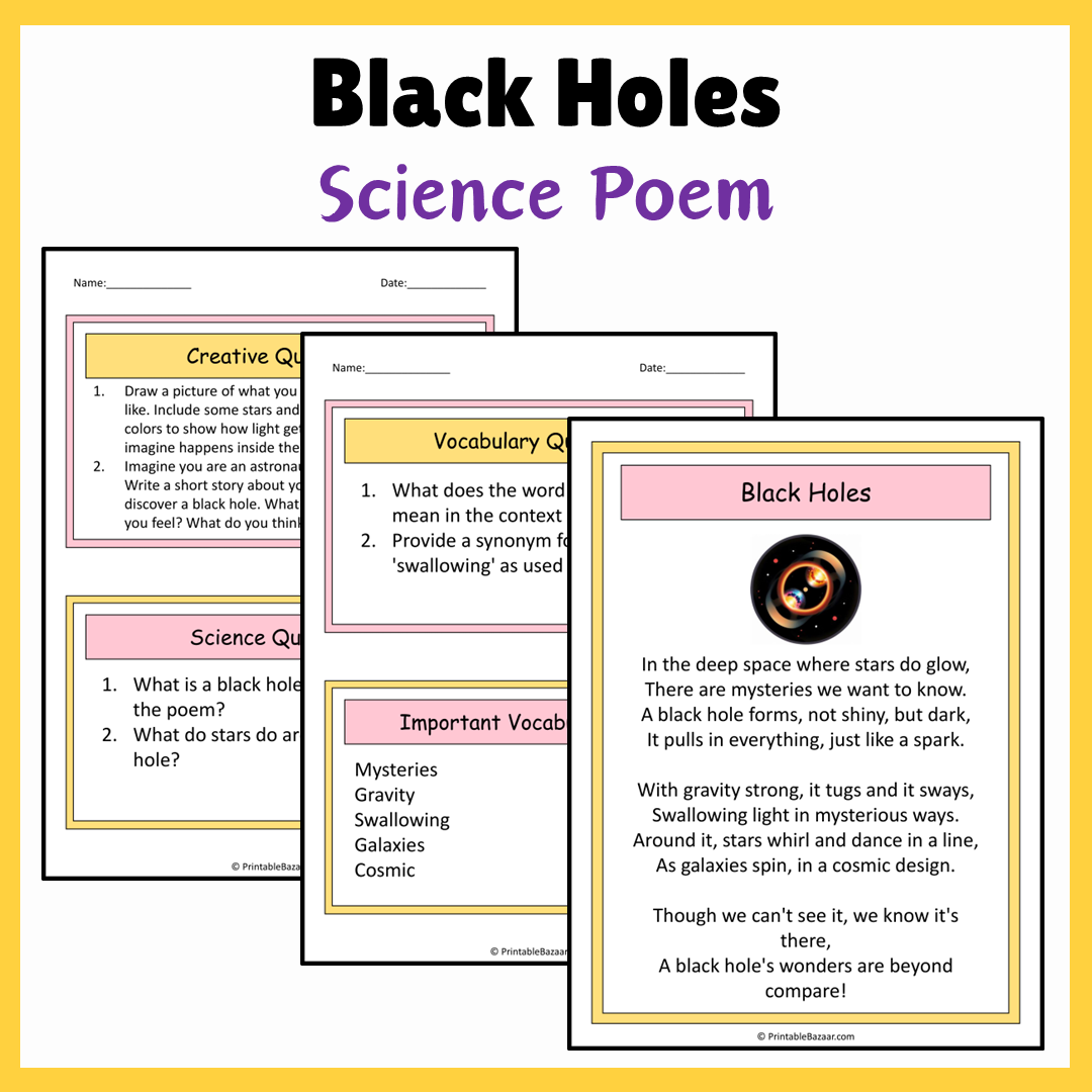 Black Holes | Science Poem Reading Comprehension Activity