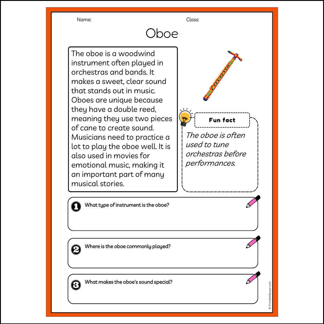 Oboe | Reading Passage Comprehension Questions Writing Facts Worksheet