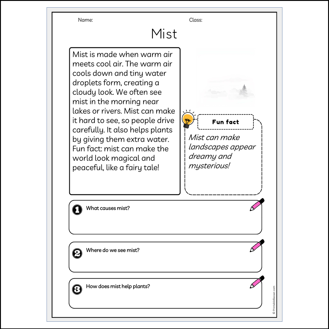 Mist | Reading Passage Comprehension Questions Writing Facts Worksheet