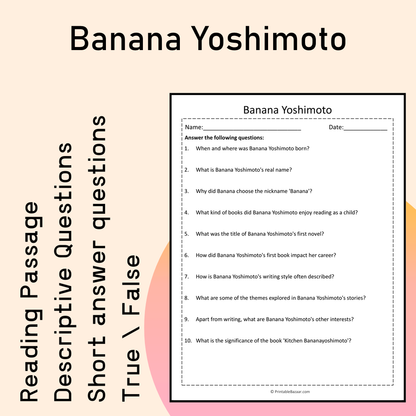 Banana Yoshimoto | Reading Comprehension Passage Printable Activity