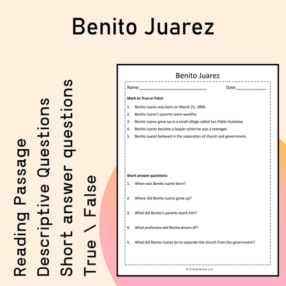 Benito Juarez | Reading Comprehension Passage Printable Activity