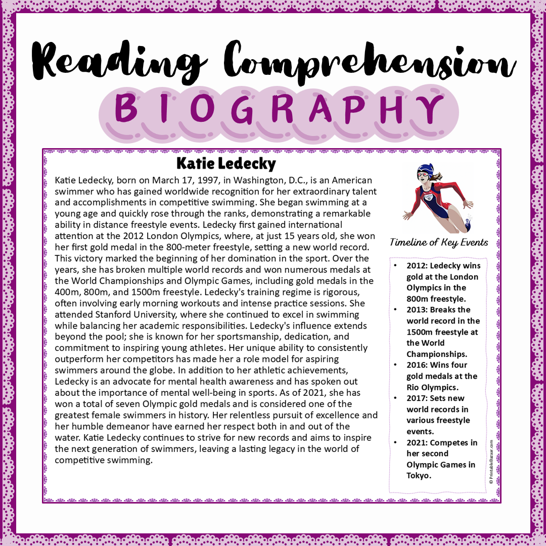 Katie Ledecky | Biography Reading Comprehension and Questions Worksheet