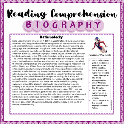 Katie Ledecky | Biography Reading Comprehension and Questions Worksheet