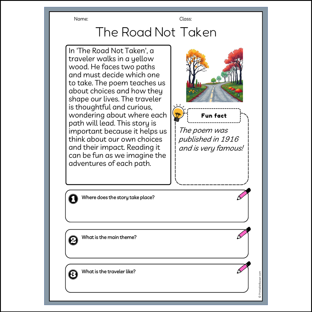 The Road Not Taken | Reading Passage Comprehension Questions Writing Facts Worksheet