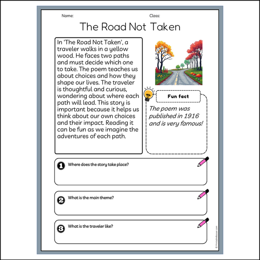 The Road Not Taken | Reading Passage Comprehension Questions Writing Facts Worksheet