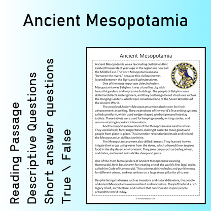 Ancient Mesopotamia | Reading Comprehension Passage Printable Worksheet